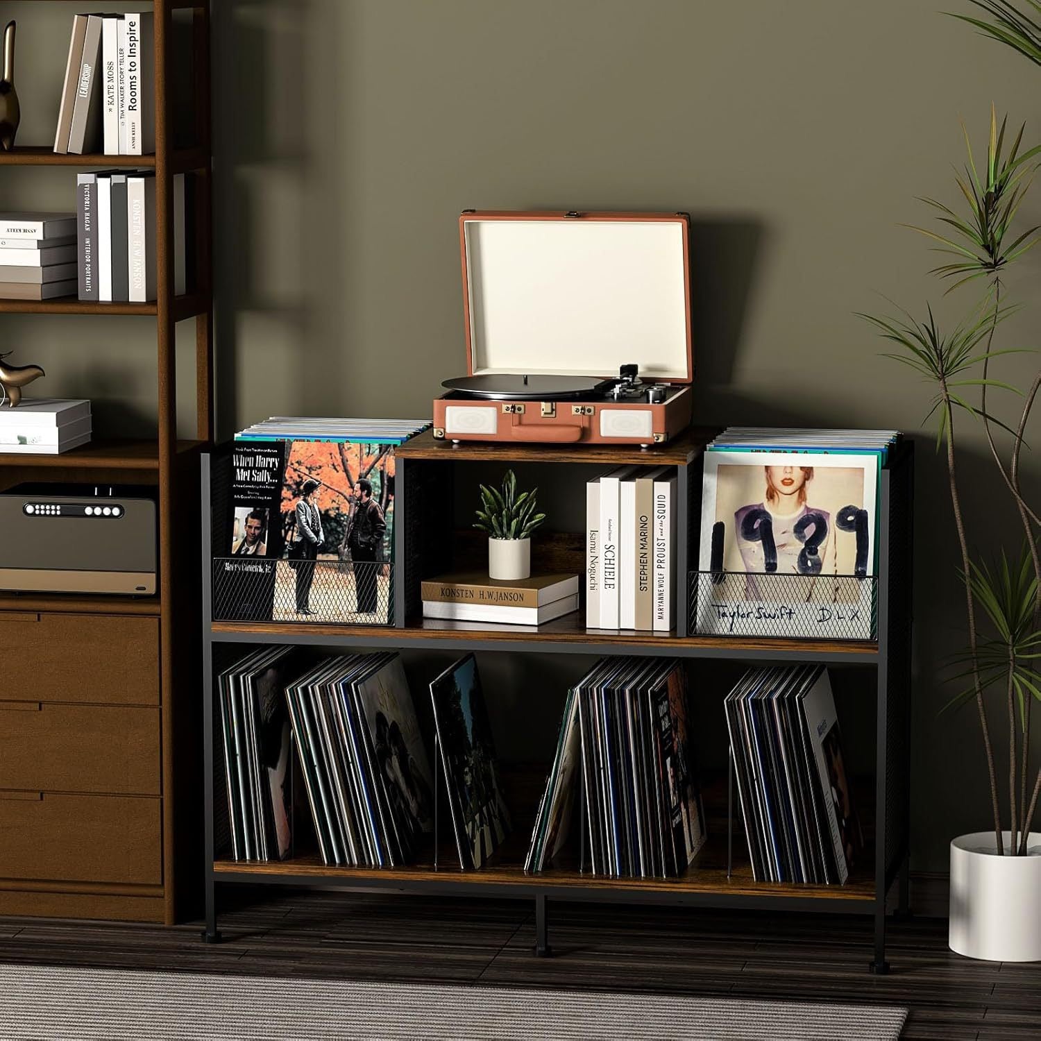 Double-Sided Record Player Stand with Vinyl Storage