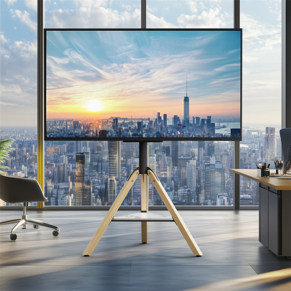 32-75" Floor TV Stand Stable Wooden Legs TV Mount Bracket w/ Shelf