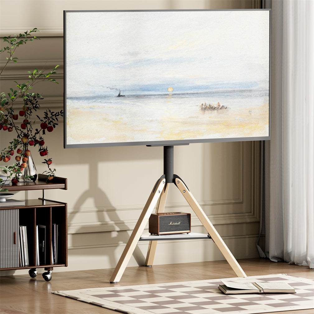 32-75" Floor TV Stand Stable Wooden Legs TV Mount Bracket w/ Shelf