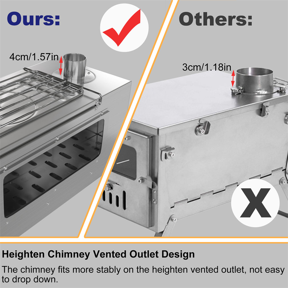 Stainless Steel Portable Camping Wood Stove Tent Stove w/ Chimney Pipe