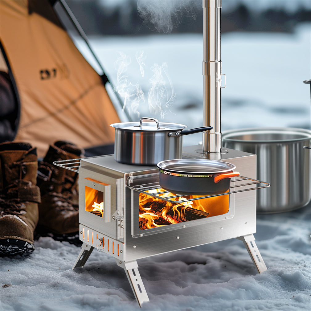 Stainless Steel Portable Camping Wood Stove Tent Stove w/ Chimney Pipe