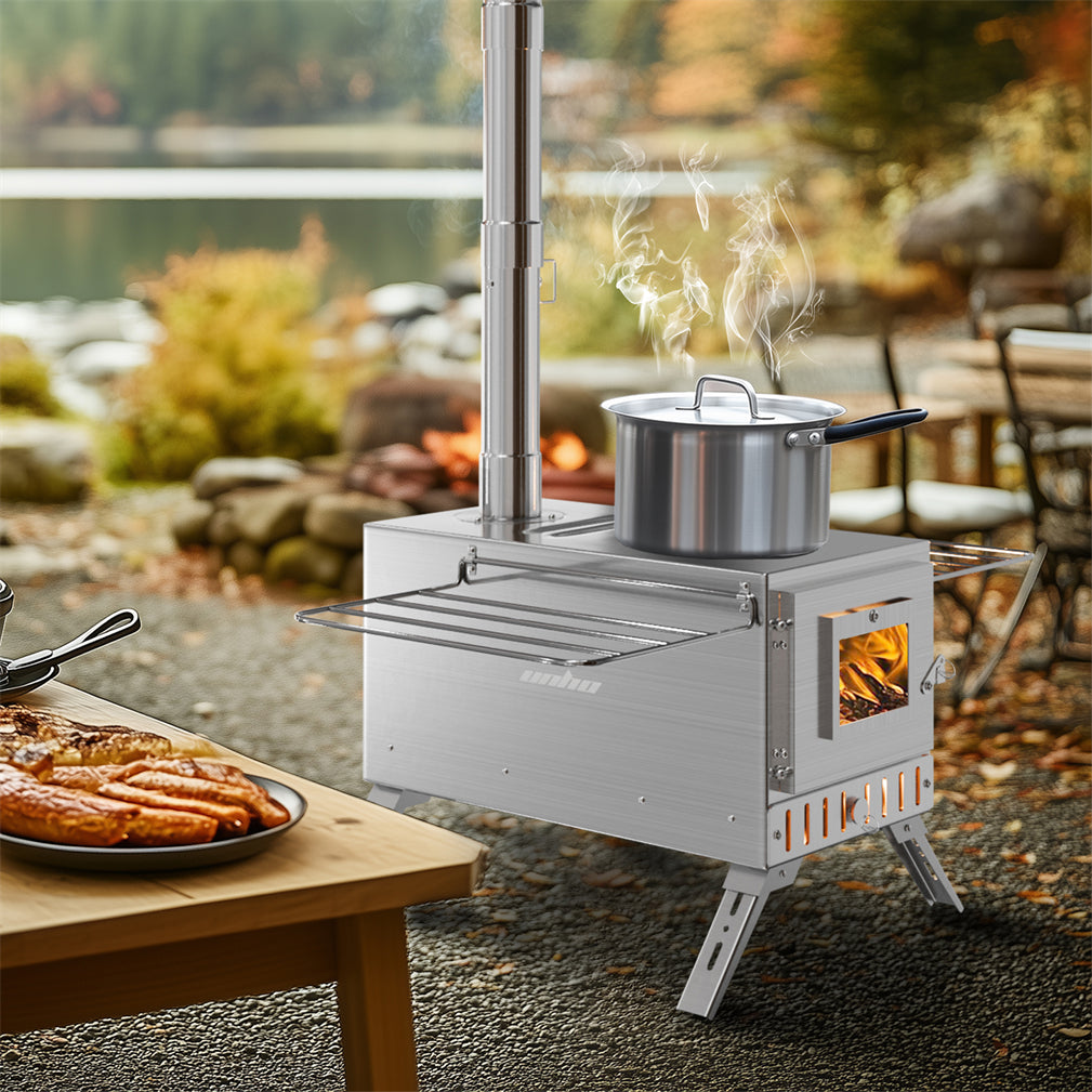 Stainless Steel Portable Camping Wood Stove Tent Stove w/ Chimney Pipe