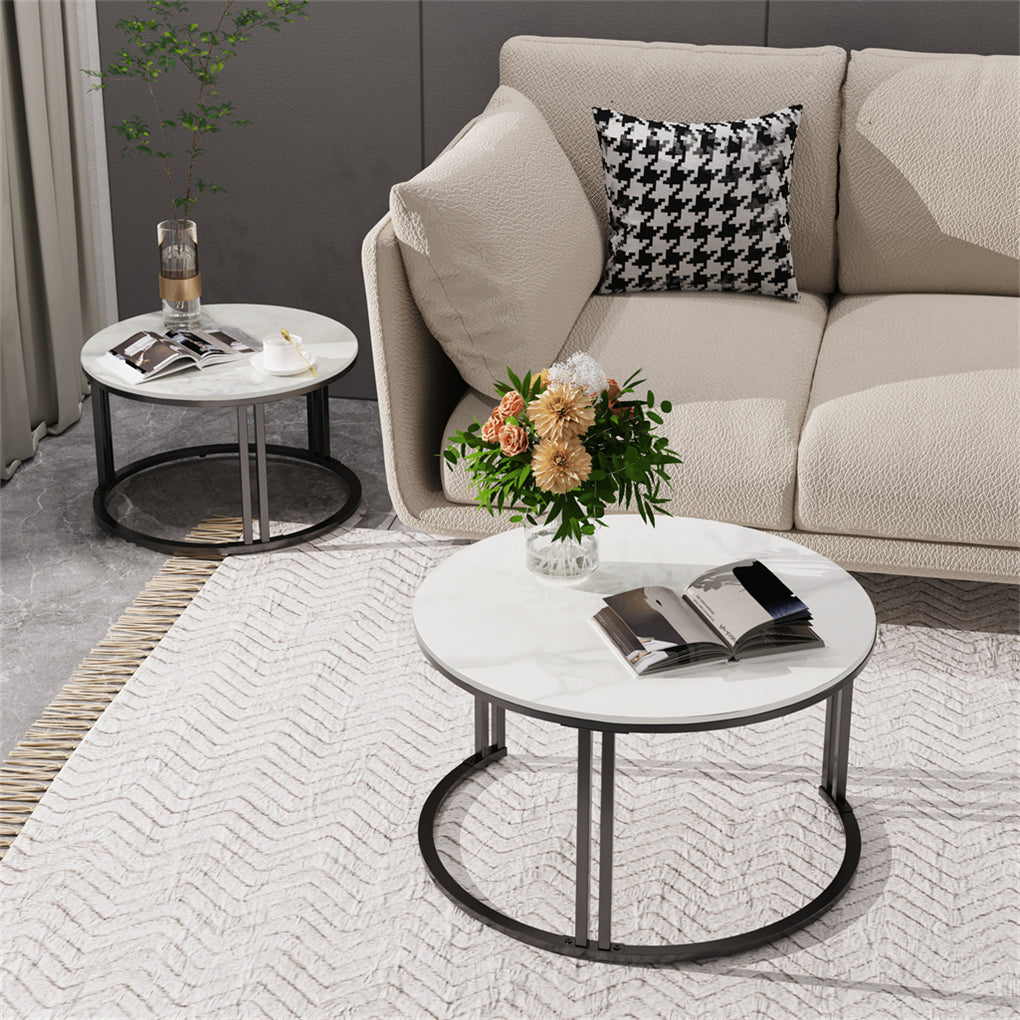Real marble round nesting coffee table thick metal dual-support Frame