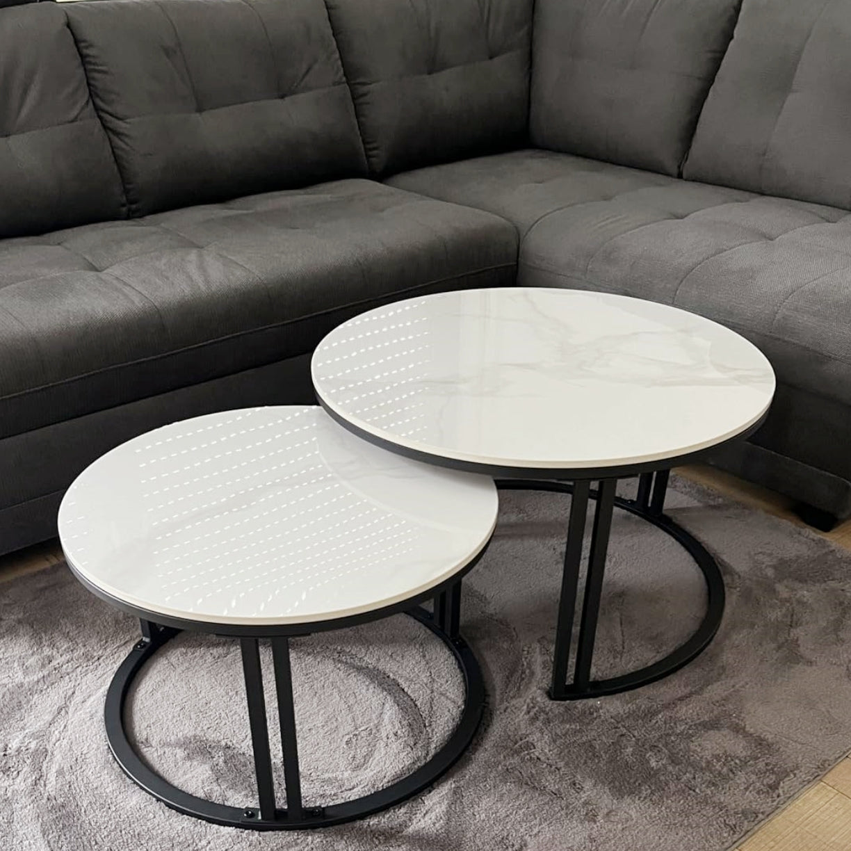 Real marble round nesting coffee table thick metal dual-support Frame