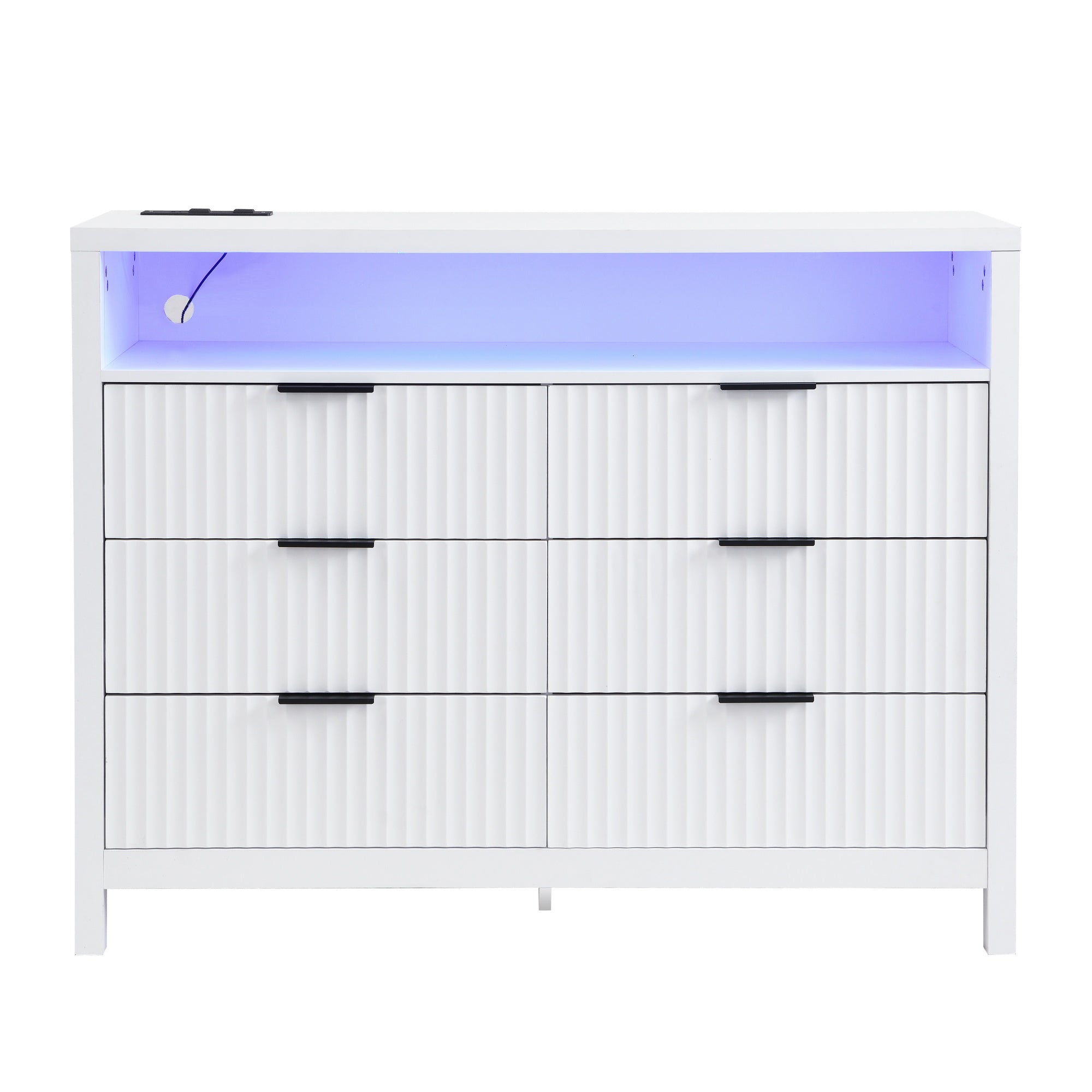 White Dresser for Bedroom with 6 Drawers,  Power Outlet and LED Lights