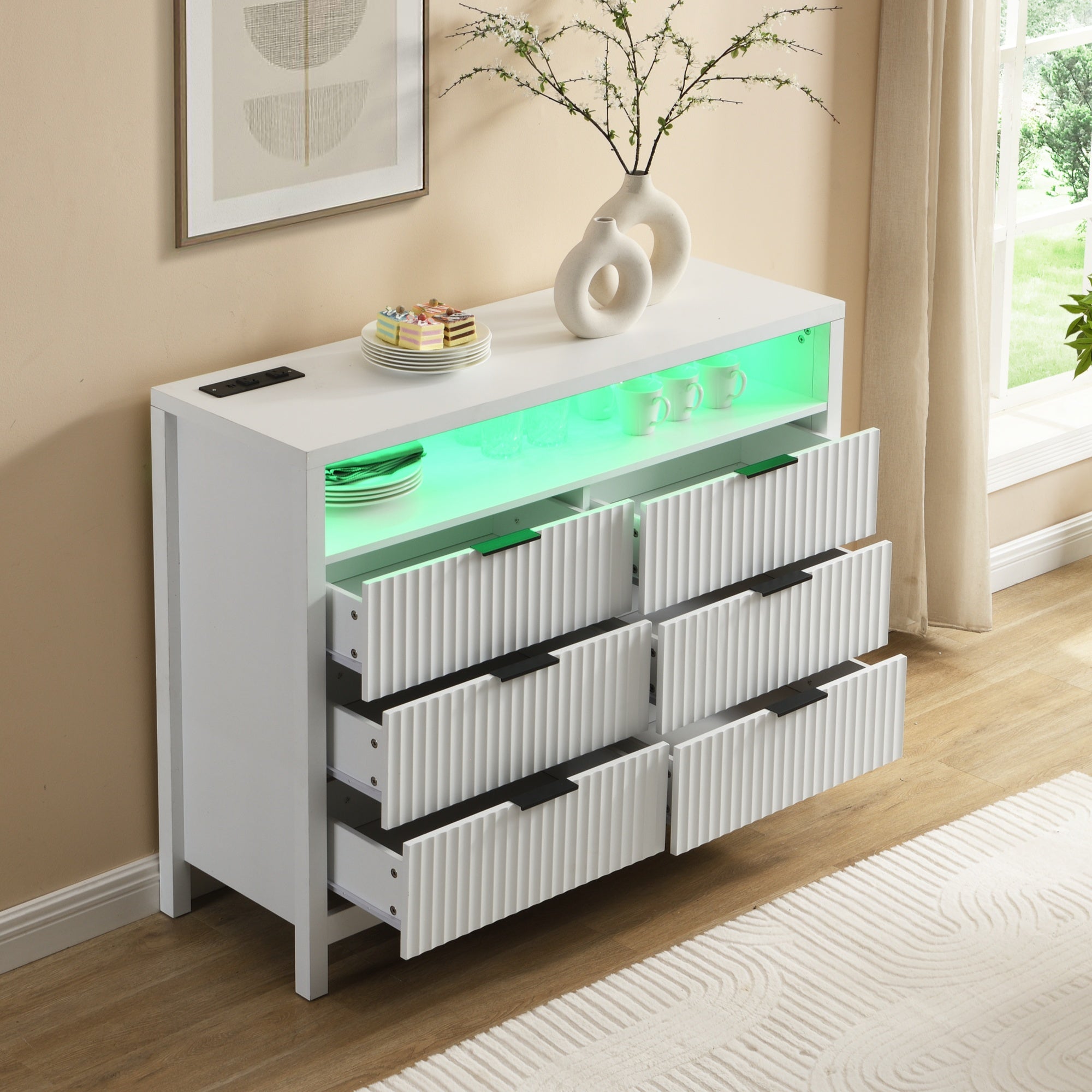 White Dresser for Bedroom with 6 Drawers,  Power Outlet and LED Lights