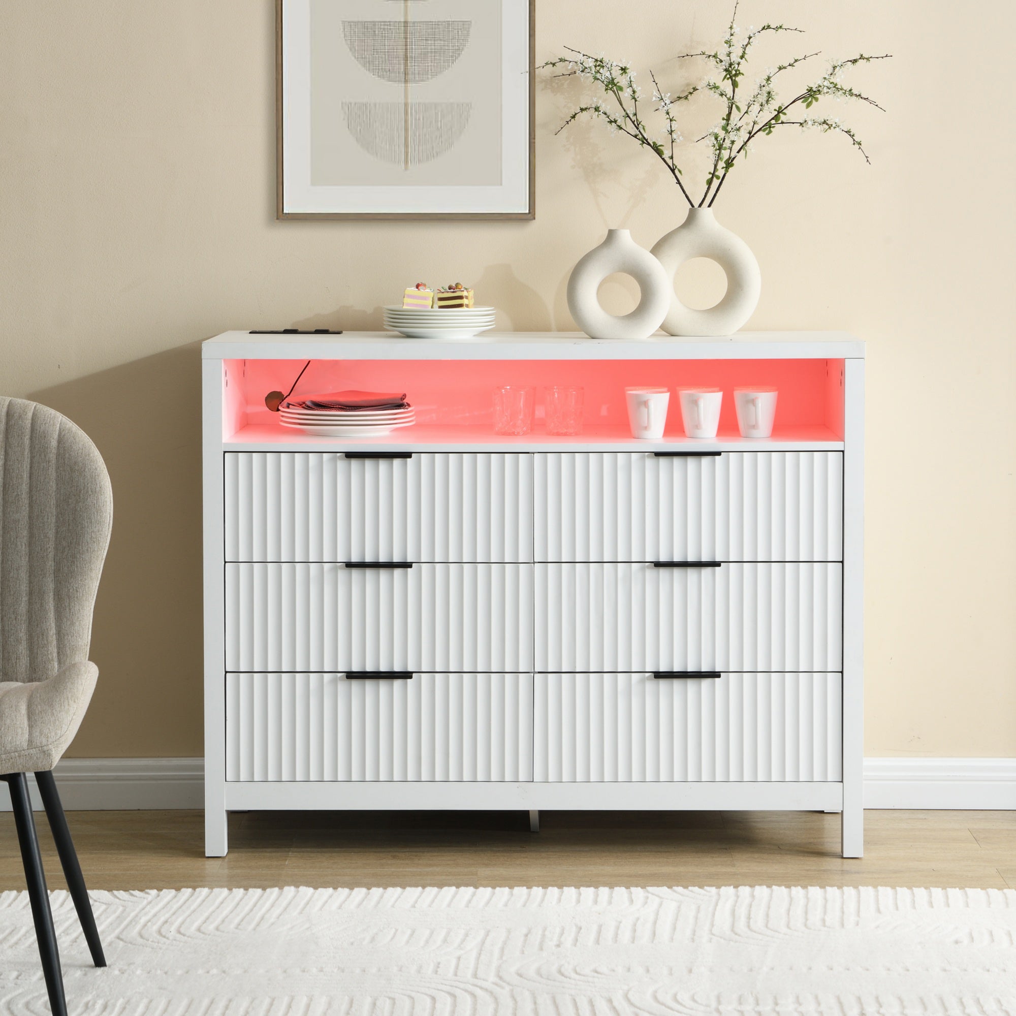 White Dresser for Bedroom with 6 Drawers,  Power Outlet and LED Lights