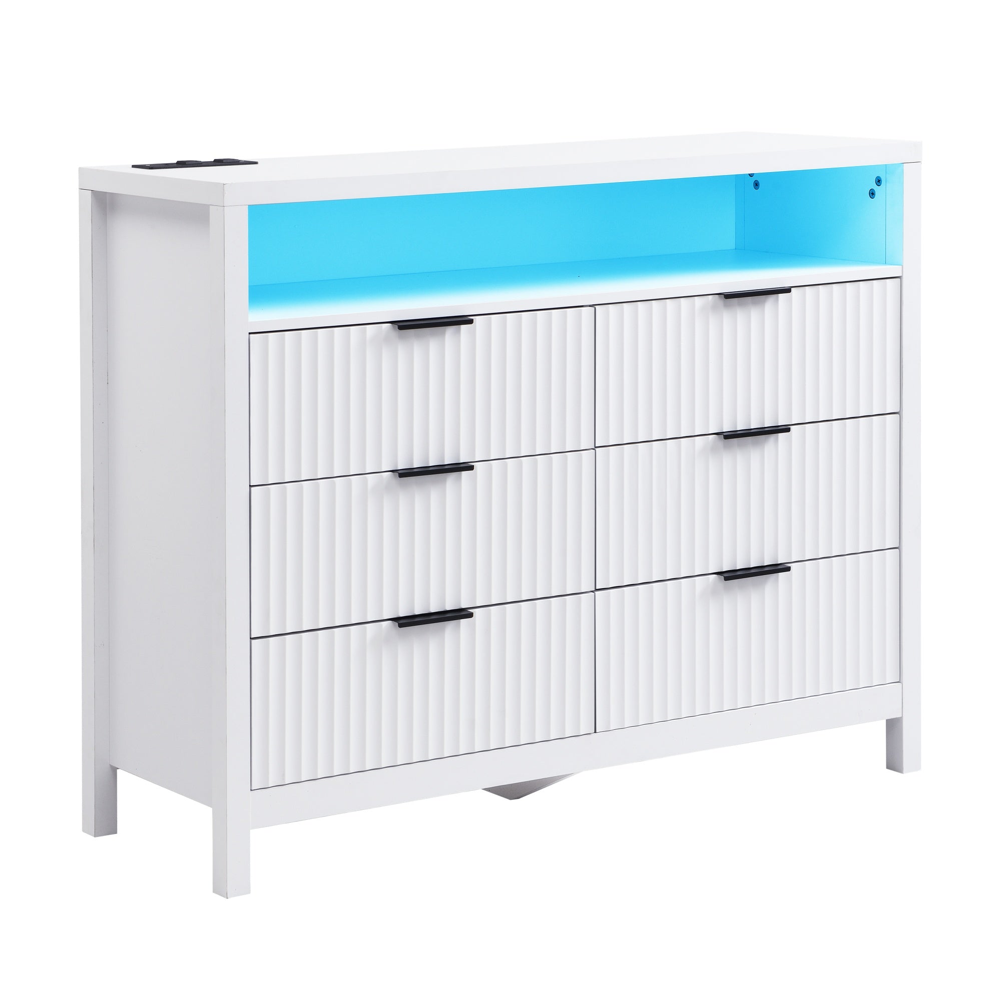 White Dresser for Bedroom with 6 Drawers,  Power Outlet and LED Lights