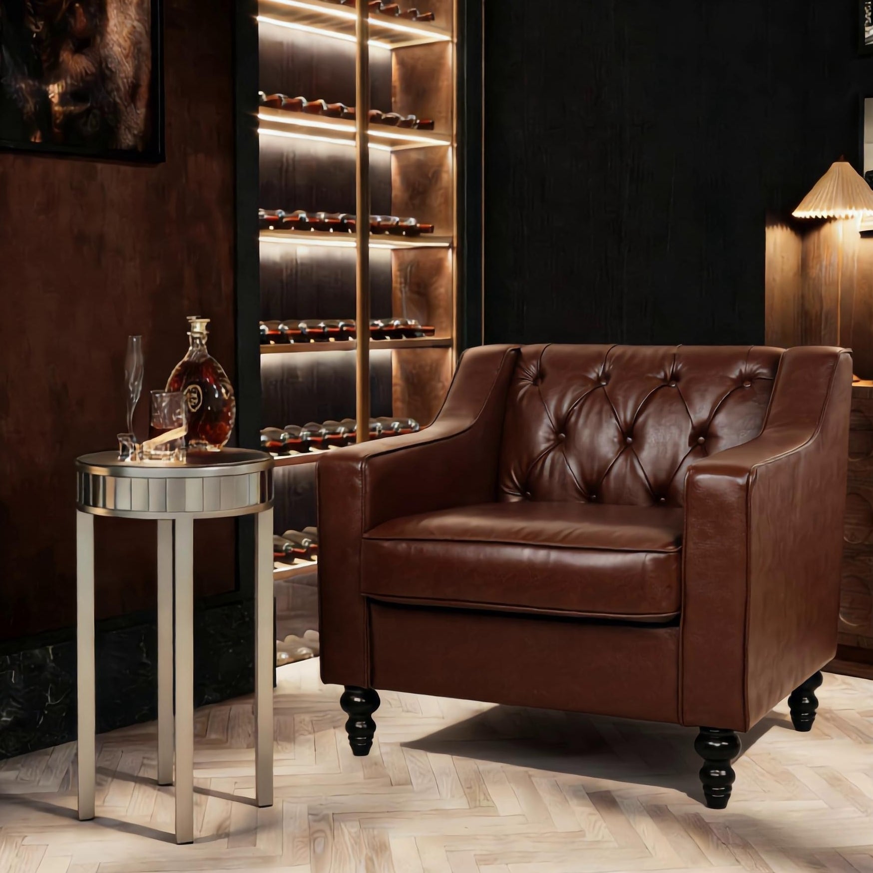 Modern Light Brown/Brown Ergonomic PU Leather Button-Tufted Club Chair
