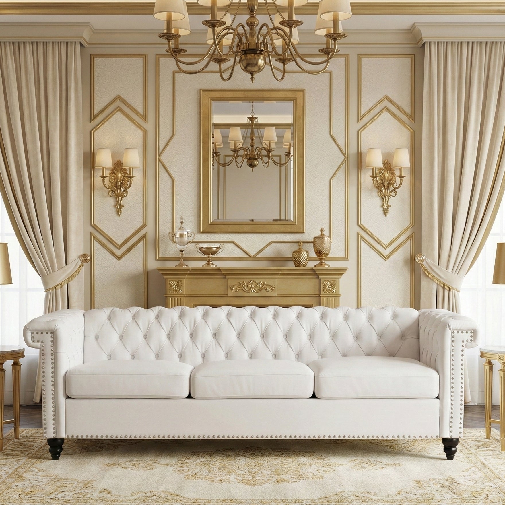 Chesterfield White PU Leather/Emerald Green Tufted 3-Seater Sofa