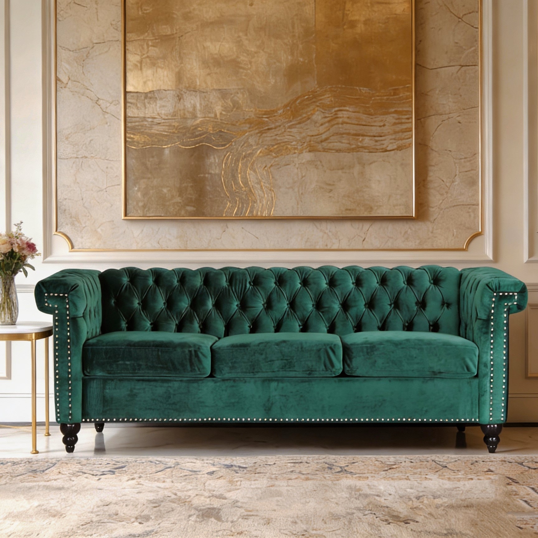 Chesterfield White PU Leather/Emerald Green Tufted 3-Seater Sofa