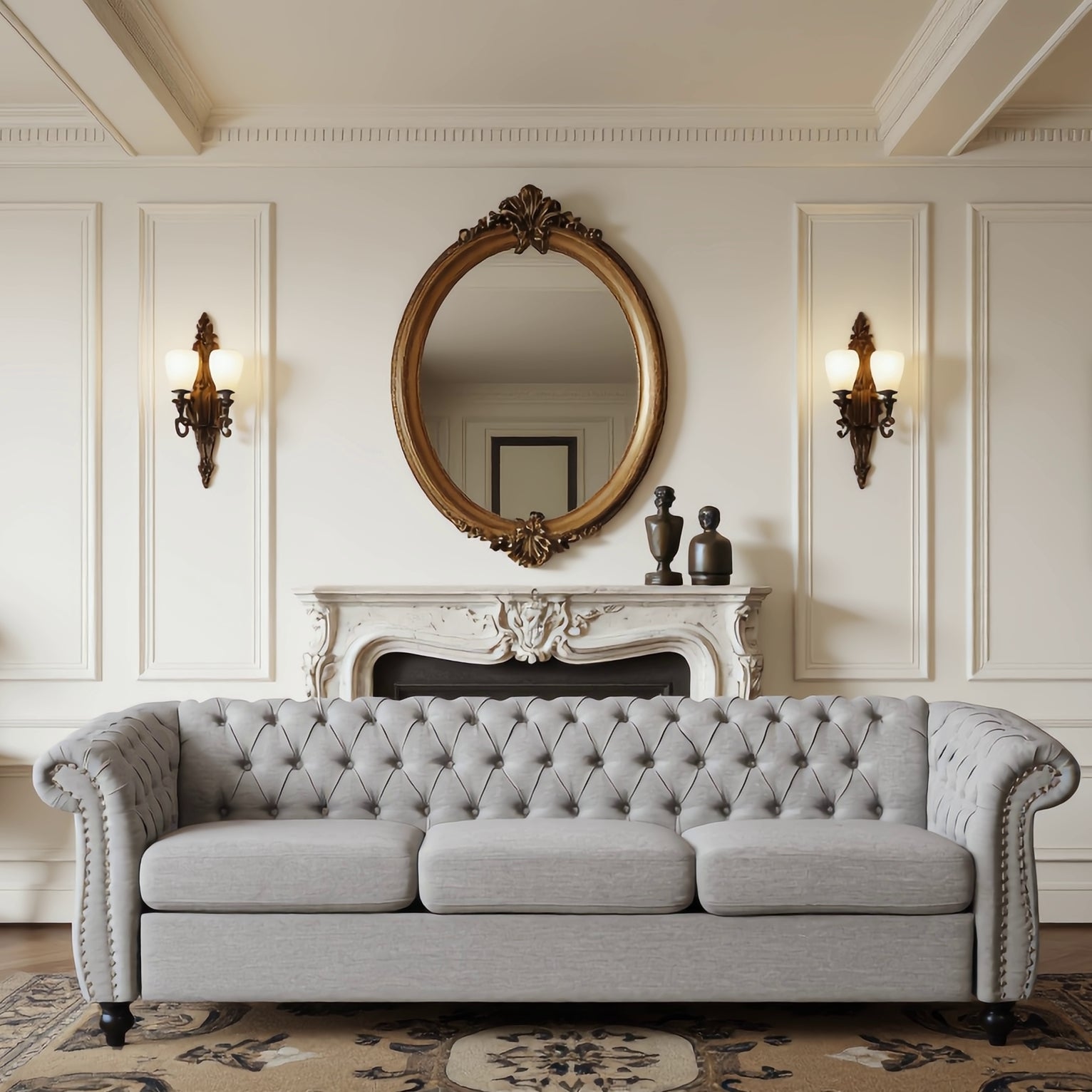 Modern Style Cloud Gray Button Tufted Upholstered Fabric Sofa