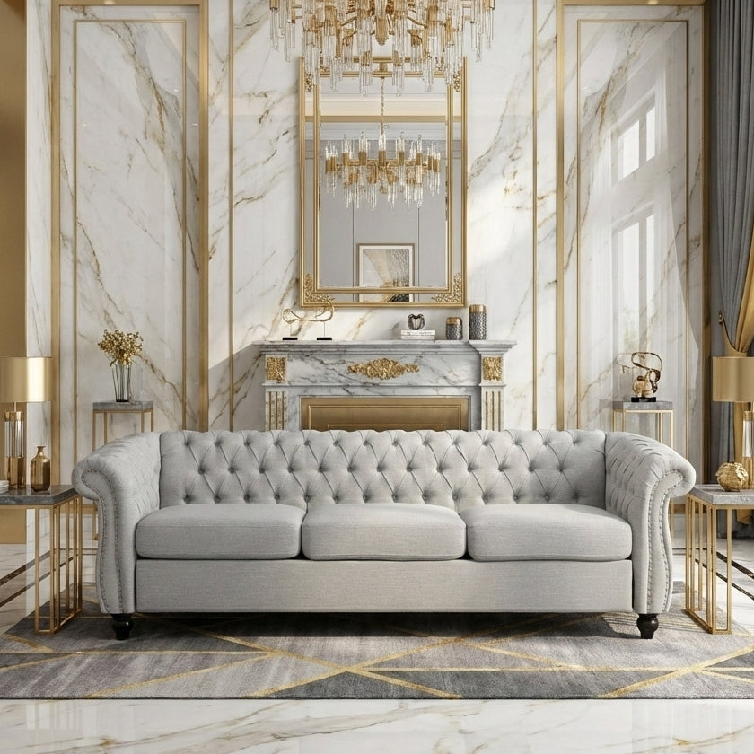 Modern Style Cloud Gray Button Tufted Upholstered Fabric Sofa