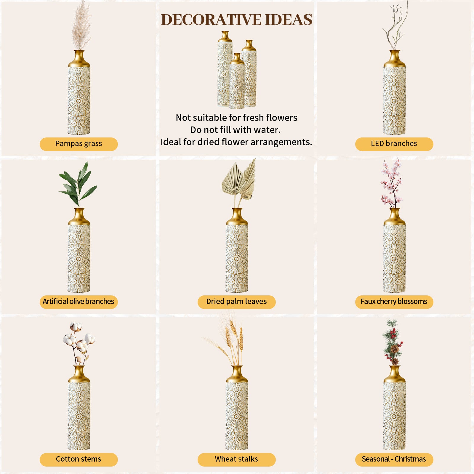 3-pieces home modern style decoration large glazed metal vase