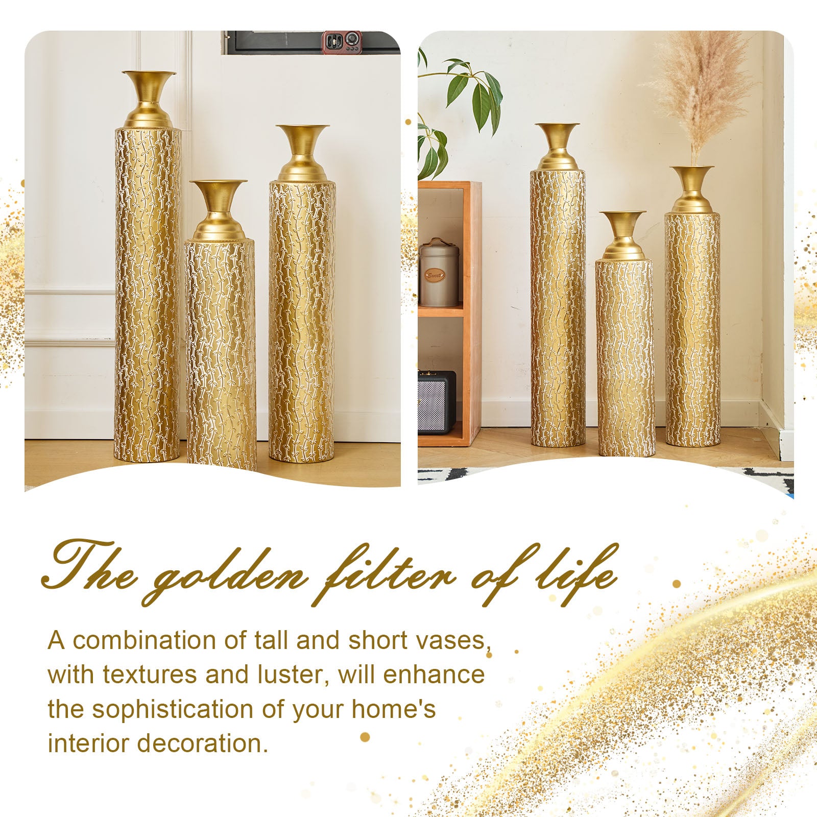 Set of 3metal decorative vases high distress with growing vine pattern