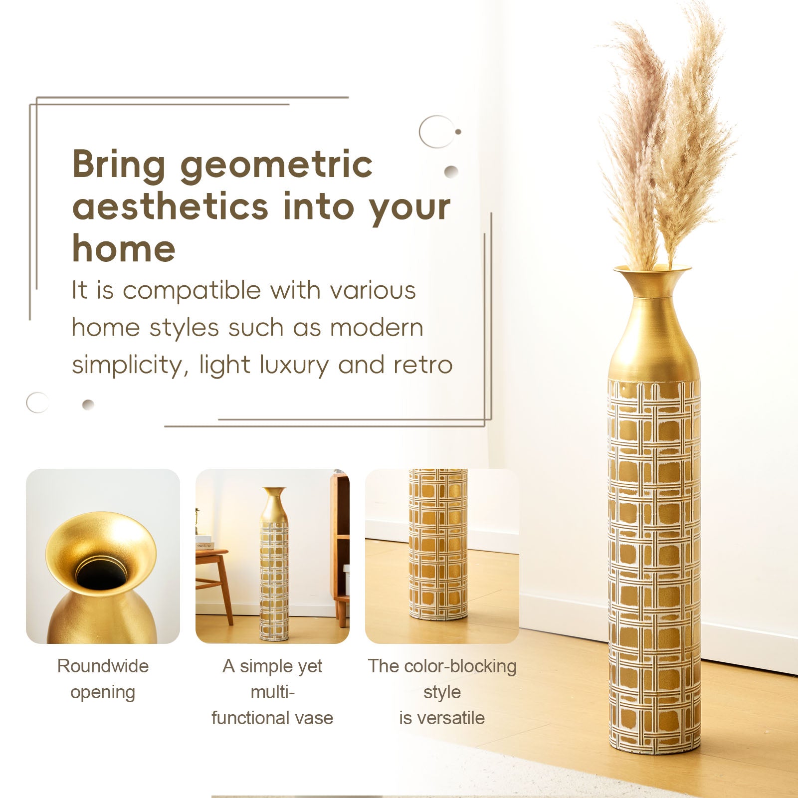 1PC gold metal floor vase with