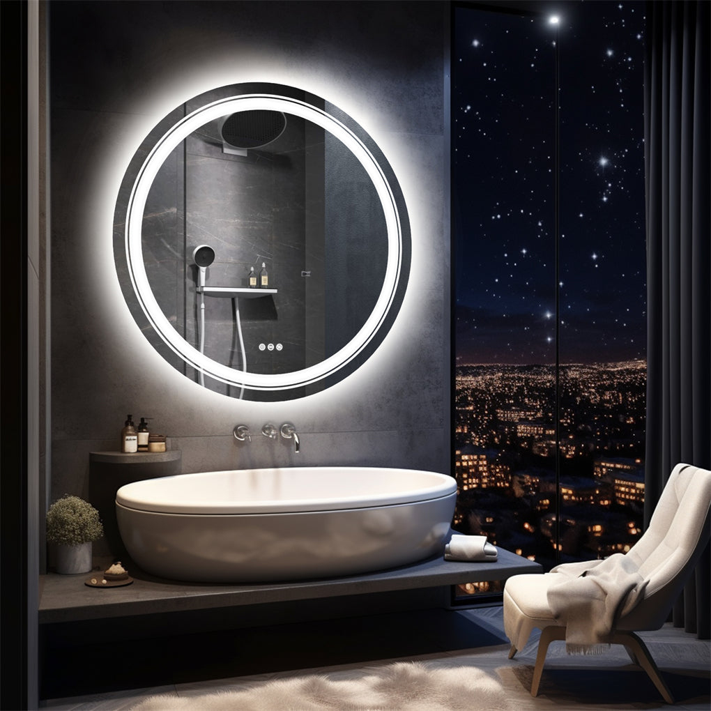 60/80/90CM Round LED Bathroom Mirror Dual Light Anti-fog Makeup Mirror