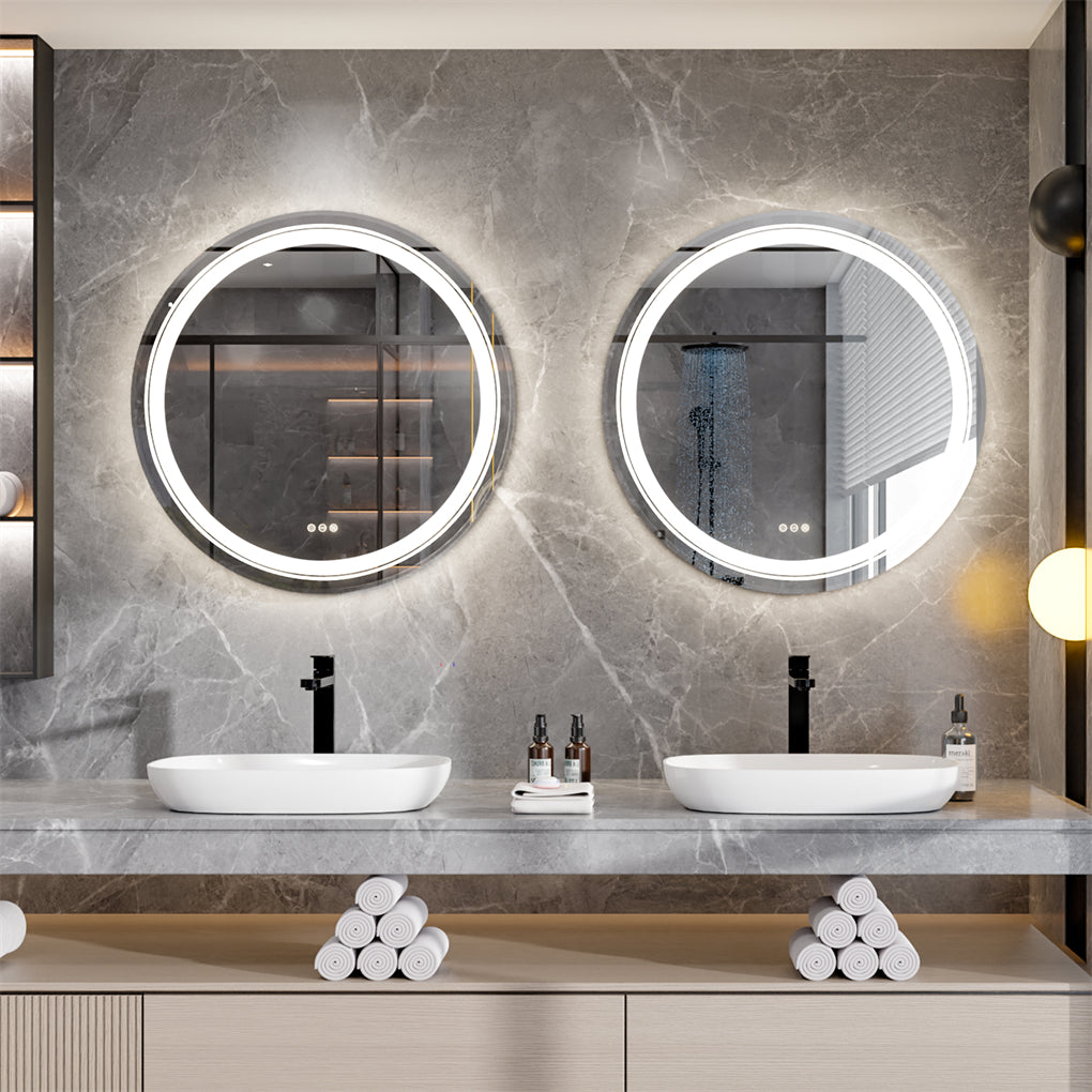 60/80/90CM Round LED Bathroom Mirror Dual Light Anti-fog Makeup Mirror
