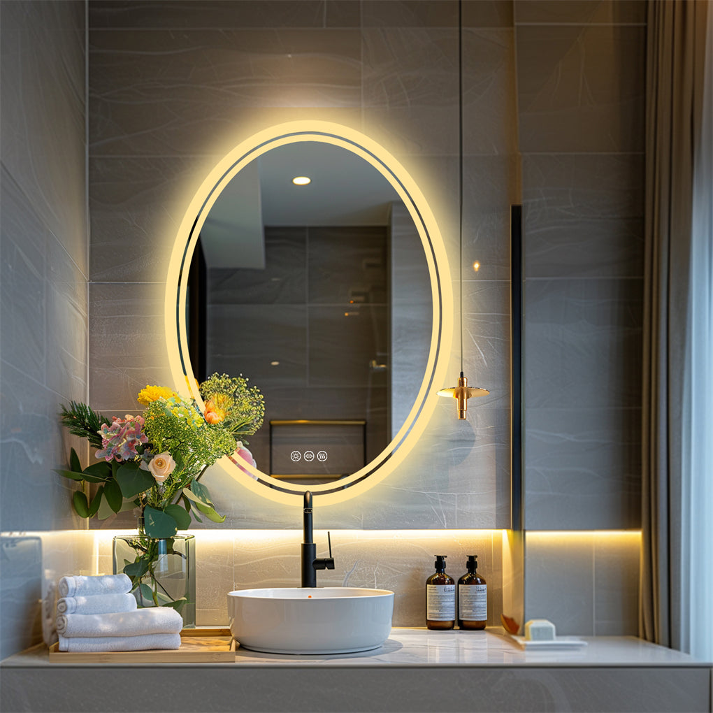 Dual Lights LED Oval Bathroom Mirror Anti-fog HD Hotel Makeup Mirror