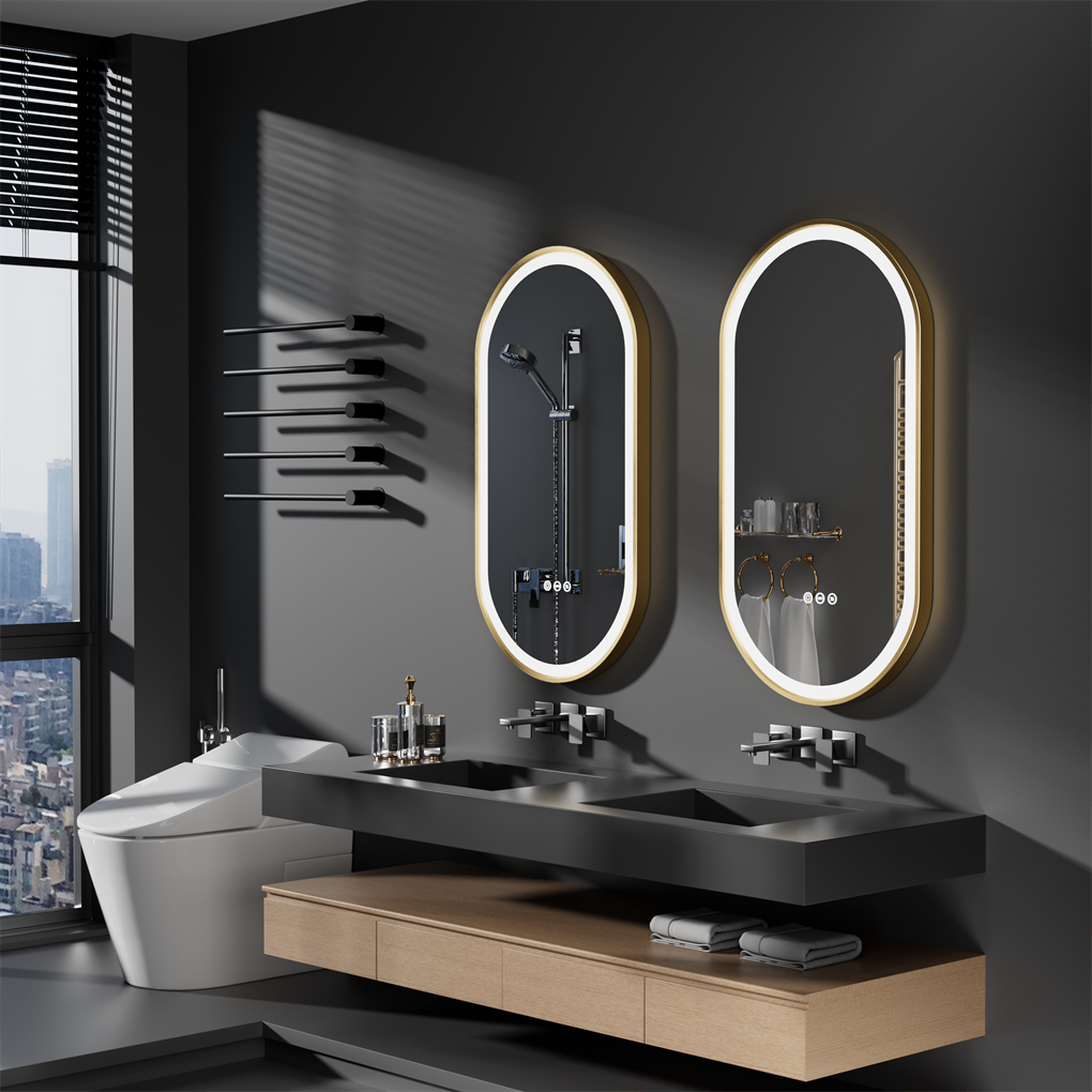 Gold Frame Oval LED Bathroom Mirror Anti-Fog Smart Vanity Mirror
