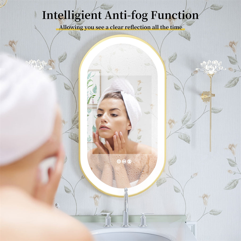 Gold Frame Oval LED Bathroom Mirror Anti-Fog Smart Vanity Mirror