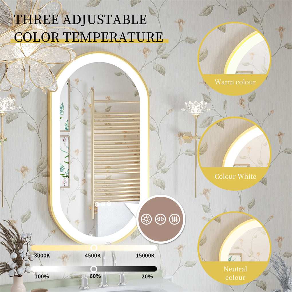 Gold Frame Oval LED Bathroom Mirror Anti-Fog Smart Vanity Mirror