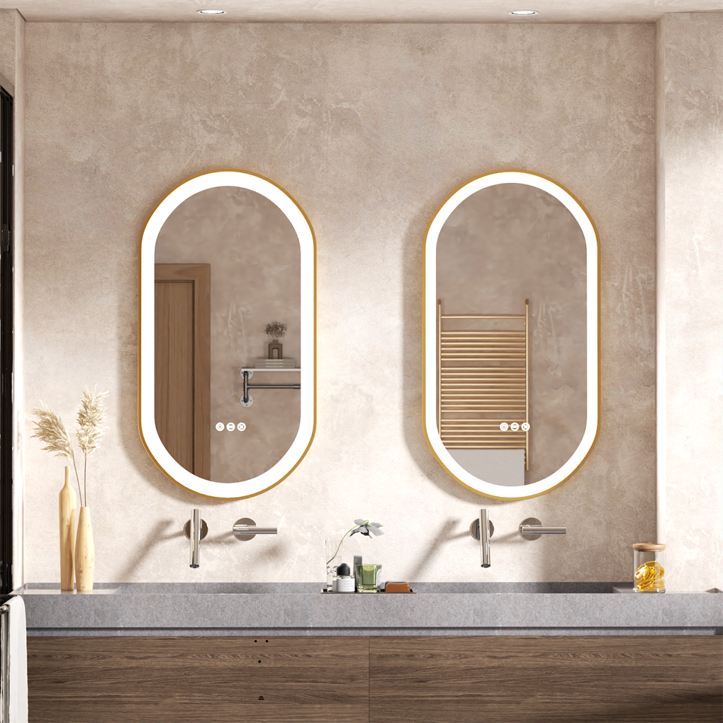 Gold Frame Oval LED Bathroom Mirror Anti-Fog Smart Vanity Mirror