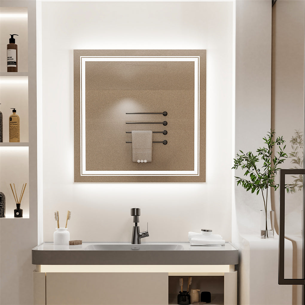 80cm Square LED Bathroom Mirror Dual Lights Anti-fog Makeup Mirror