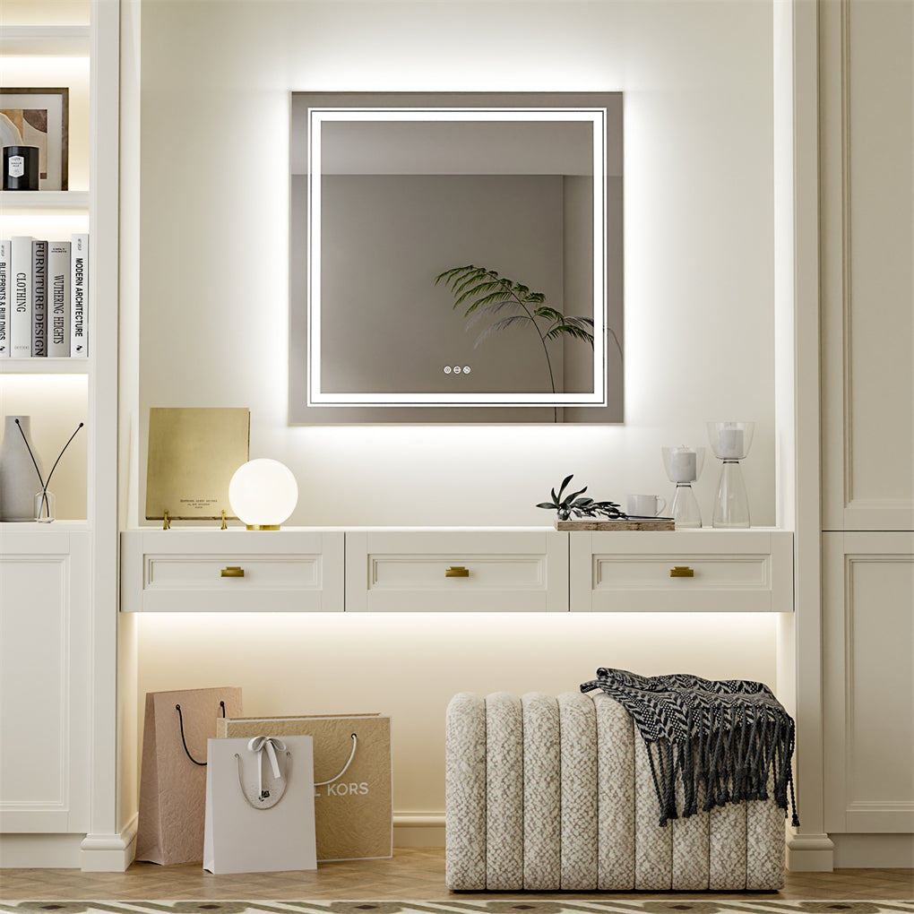 80cm Square LED Bathroom Mirror Dual Lights Anti-fog Makeup Mirror