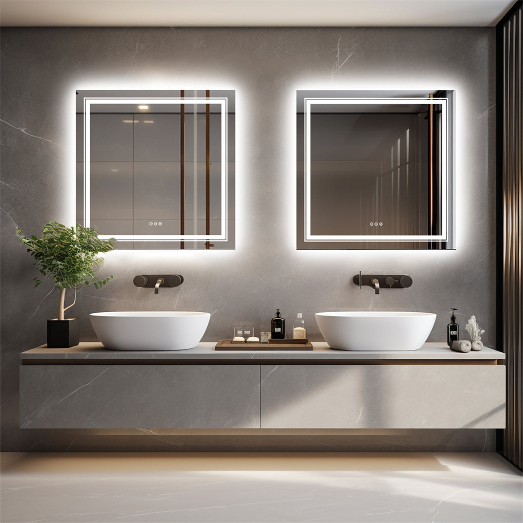 80cm Square LED Bathroom Mirror Dual Lights Anti-fog Makeup Mirror