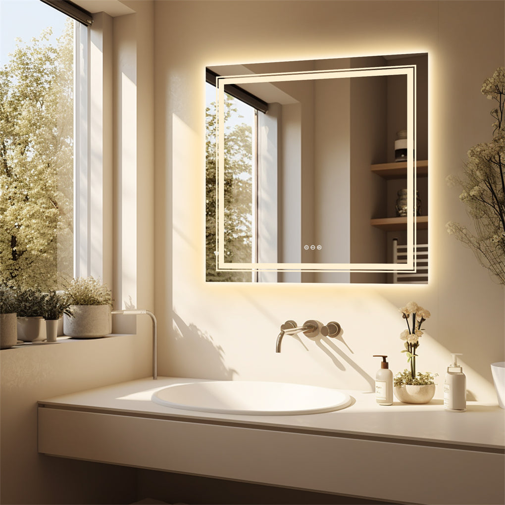 80cm Square LED Bathroom Mirror Dual Lights Anti-fog Makeup Mirror