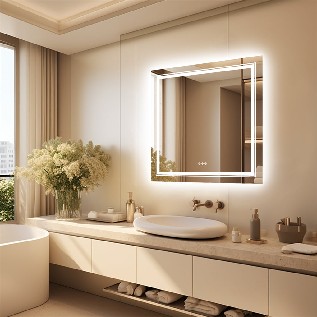 80cm Square LED Bathroom Mirror Dual Lights Anti-fog Makeup Mirror