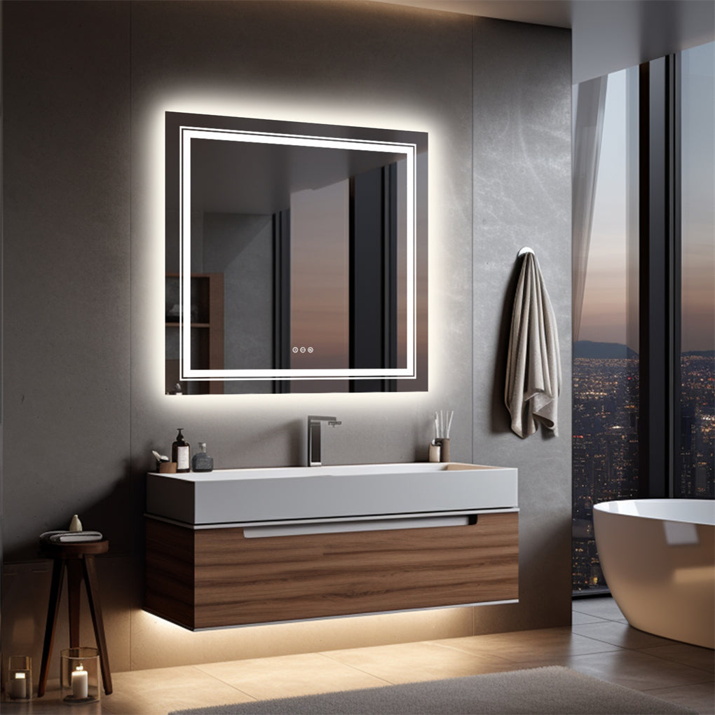 80cm Square LED Bathroom Mirror Dual Lights Anti-fog Makeup Mirror