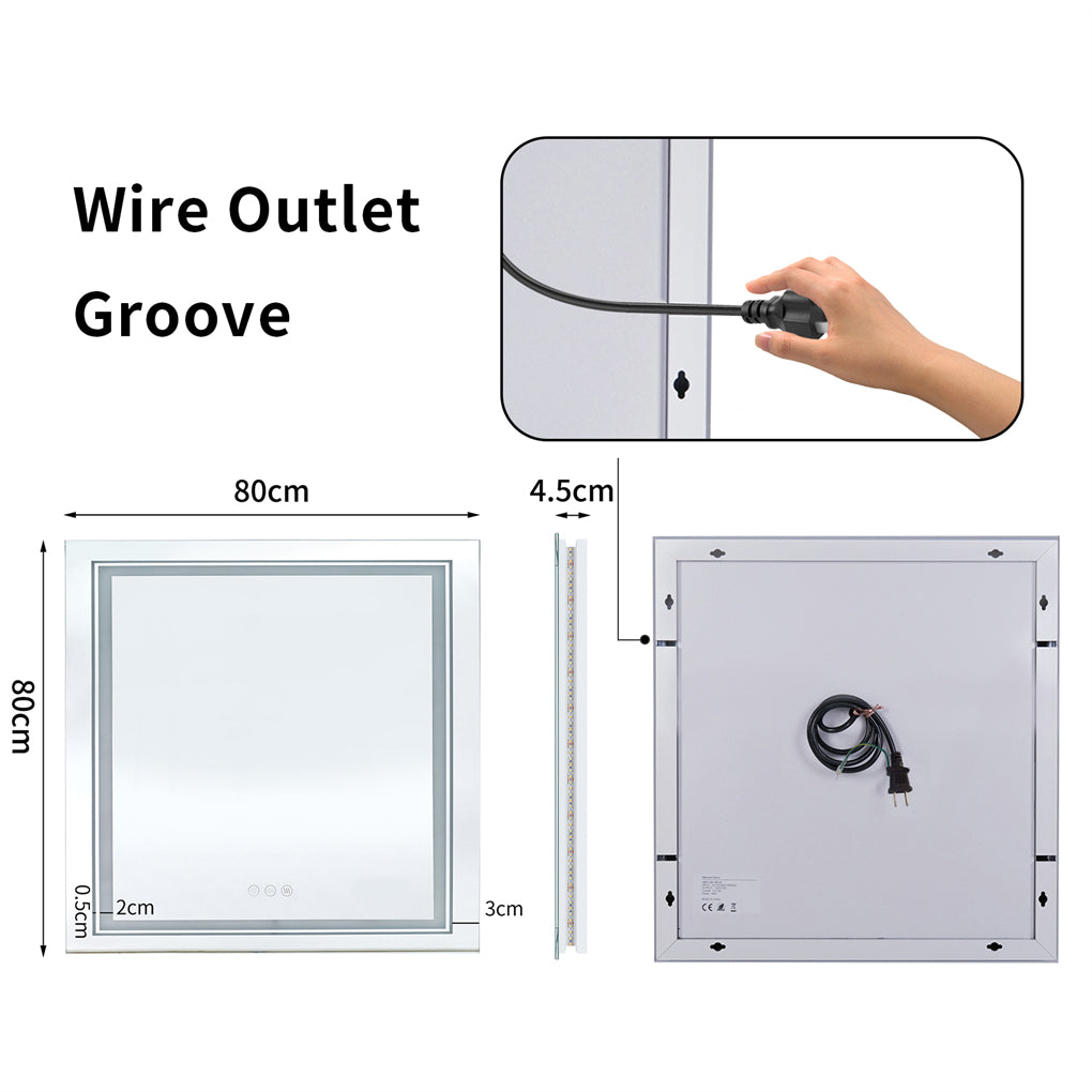 80cm Square LED Bathroom Mirror Dual Lights Anti-fog Makeup Mirror