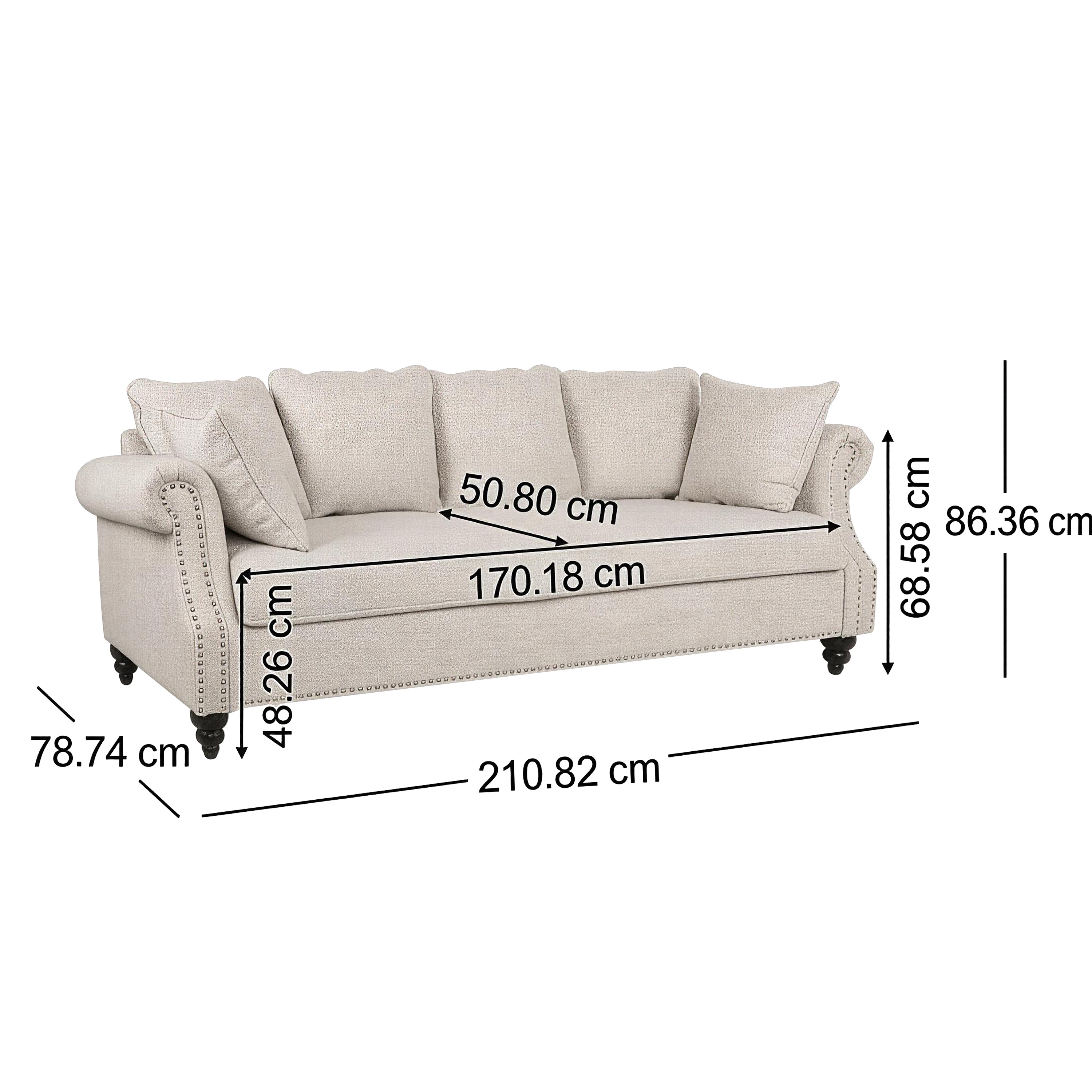 Contemporary Upholstered Fabric Sofa with Hug Pillows, 3-Seater, Beige