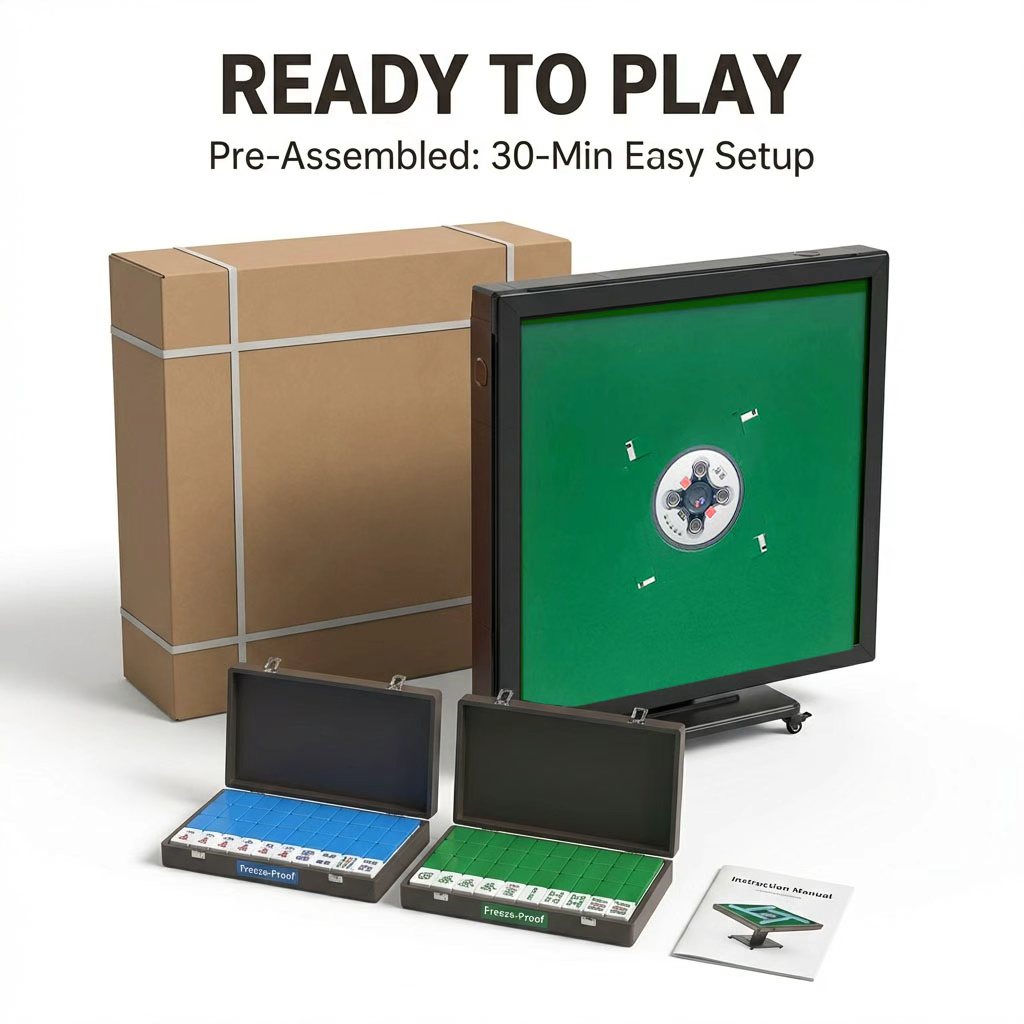 Eeeza Automatic Mahjong Table with 2 Set of Tiles, Green Tabletop