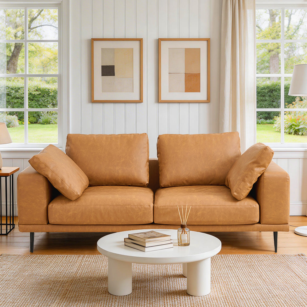 Modern Deep-Seated Sofa, Two-seater, Faux Leather, Brown