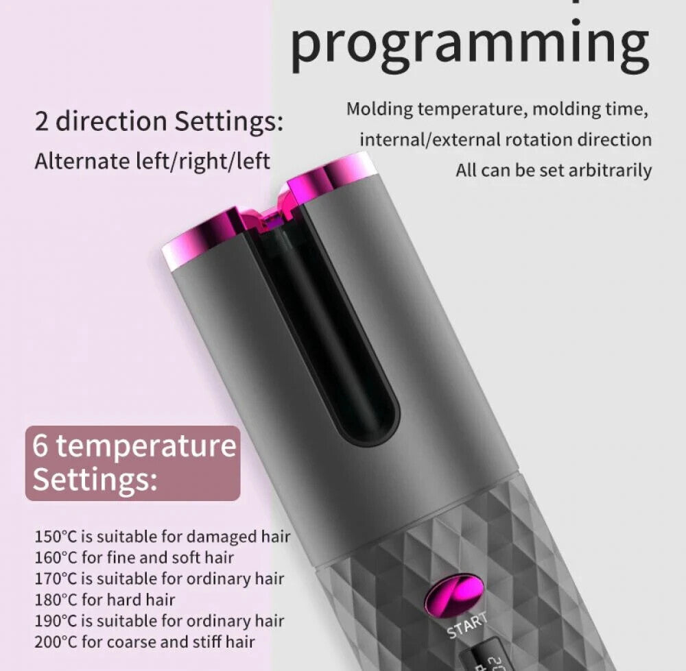 Cordless Automatic Wireless Hair Curler Rotating Handheld Function LCD Display