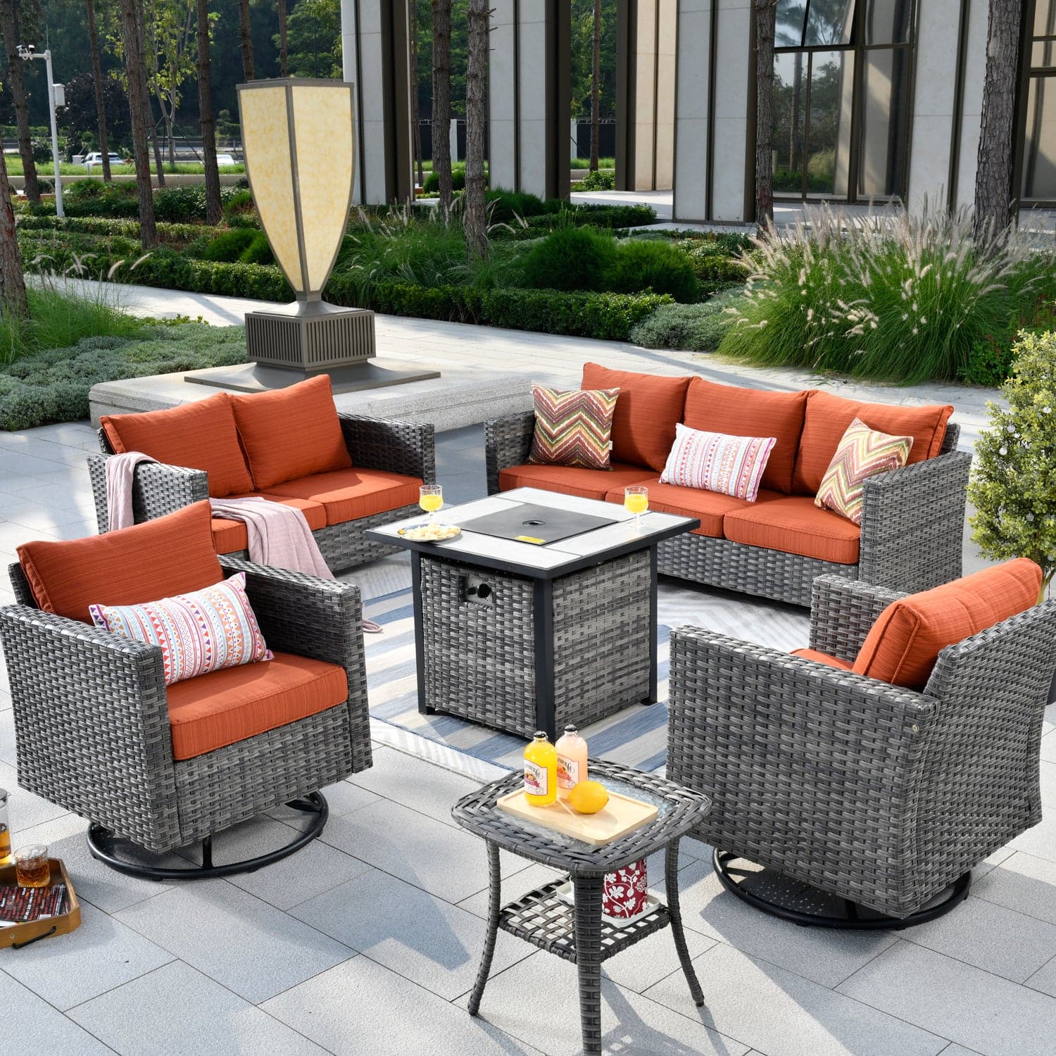 Patio Vultros 6-Piece Set With Swivel Chair Lover seat and 30'' Propane Fire Pit Table