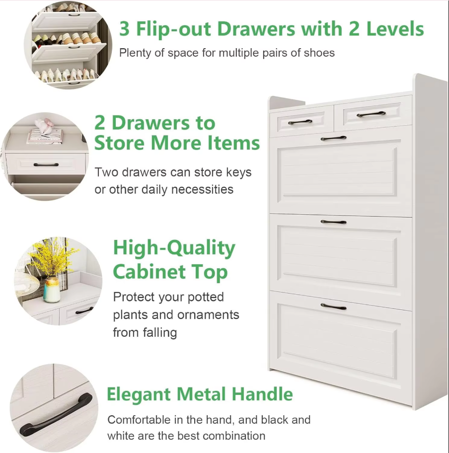 Shoe Storage Cabinet with 3 Flip Drawers, Freestanding Shoe Organizer for Entryway,