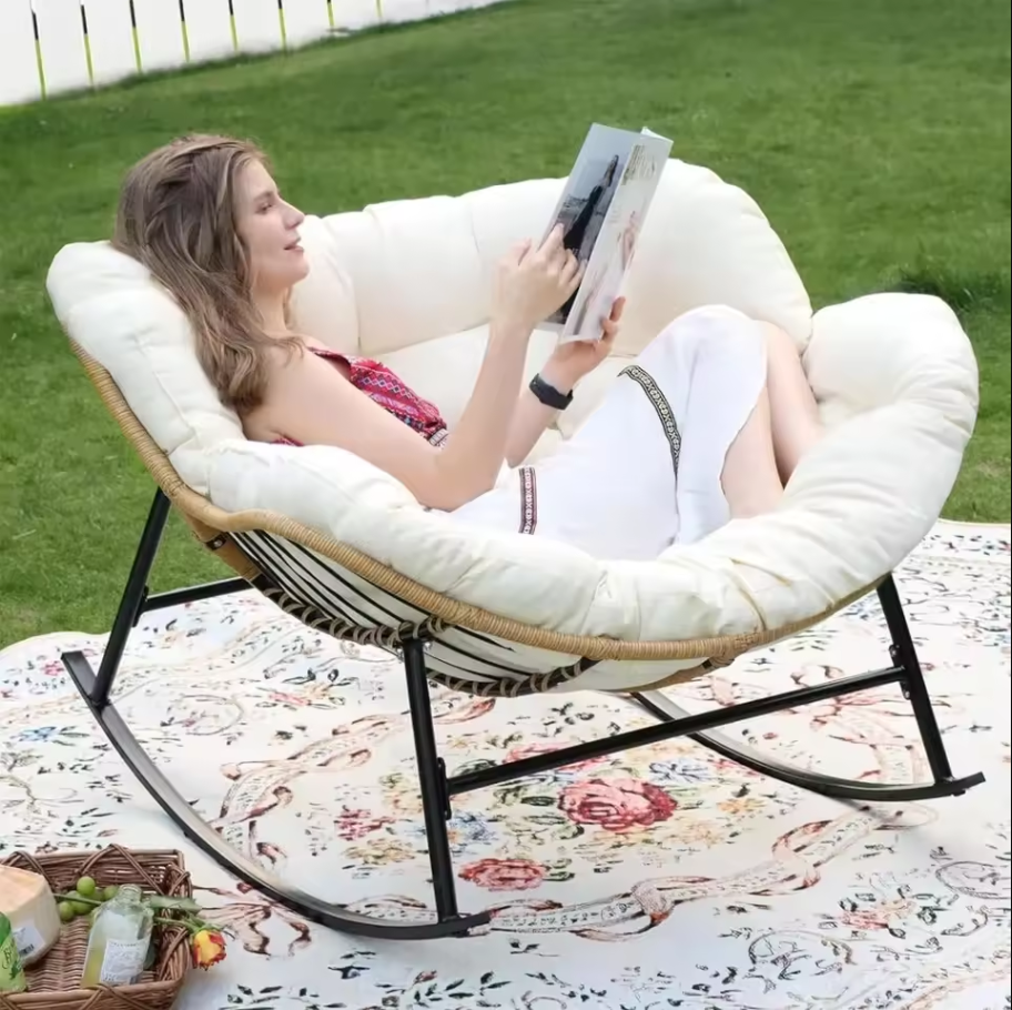 Indoor Outdoor Rocking Chair with Cushion, Oversized Patio Papasan Rocking Chair, Water Resistant Egg Royal Rocking Chair 450Lbs