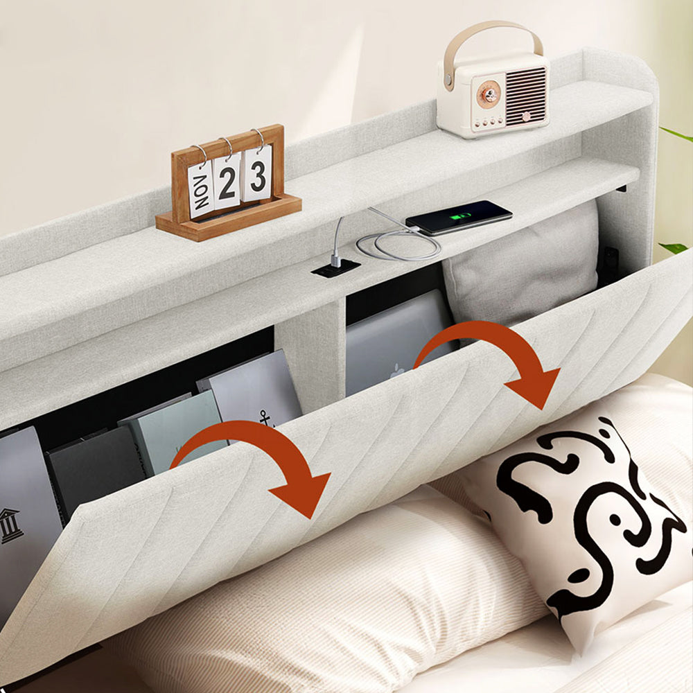 Familand LED Queen Bed Frame Storage Headboard Upholstered Charging Station Cream
