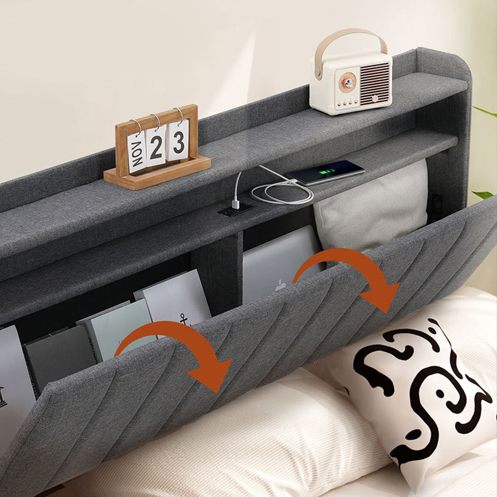 Familand LED Queen Bed Frame Storage Headboard Upholstered Charging Station Grey