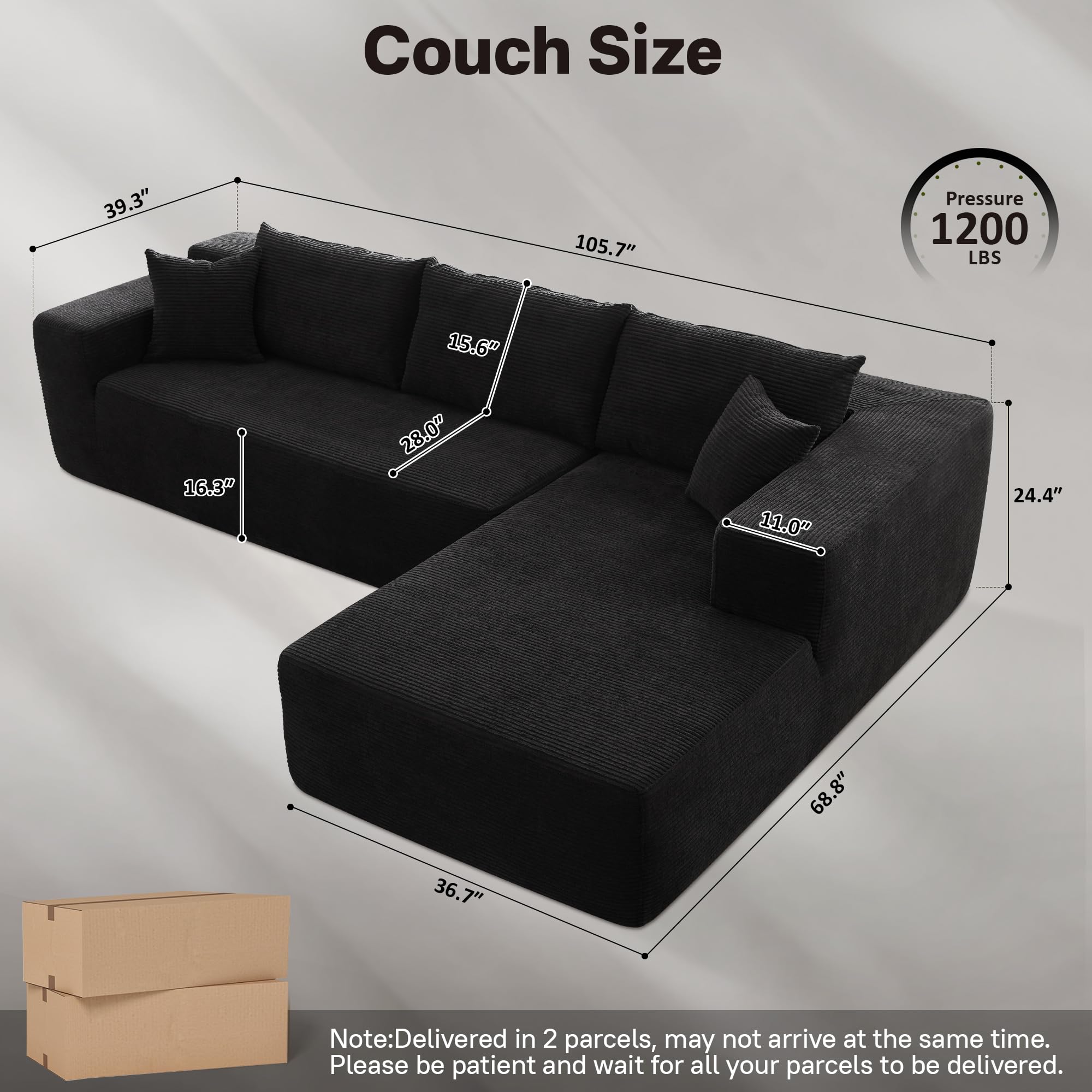 L-Shape Modular Couch with Chaise,Corduroy Fabric,No Assembly Required