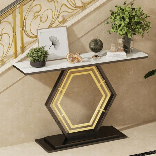 Solid marble console, entry table, hexagonal metal frame