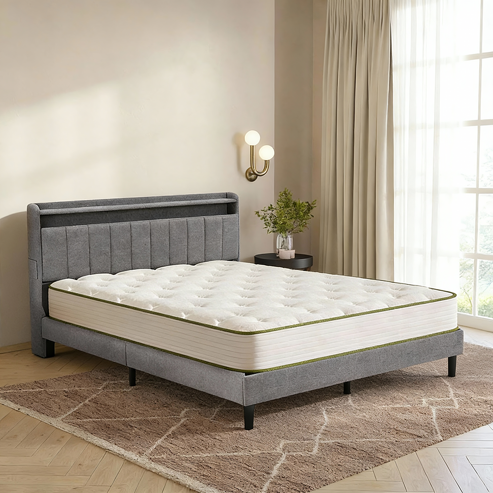 Familand LED Queen Bed Frame Storage Headboard Upholstered Charging Station Grey