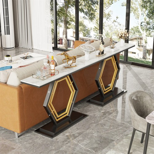 Solid marble console, entry table, hexagonal metal frame