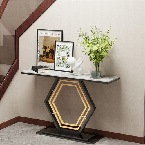 Solid marble console, entry table, hexagonal metal frame