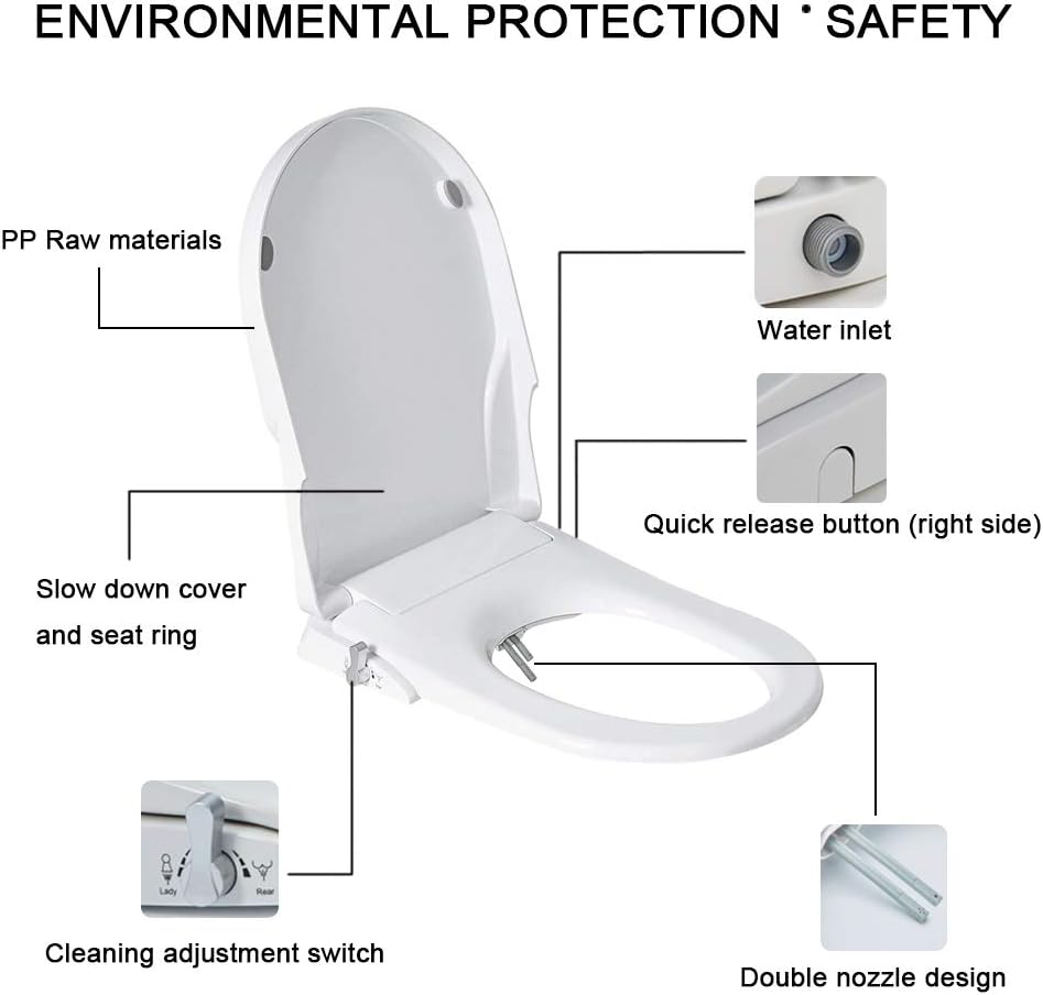 Non Electric Bidet Seat Toilet Seat with Self Cleaning Dual Nozzles Separated Rear & Feminine Cleaning Natural Water Spray, Soft Closed Toilet Seat, Easy DIY Installation (O Shape)