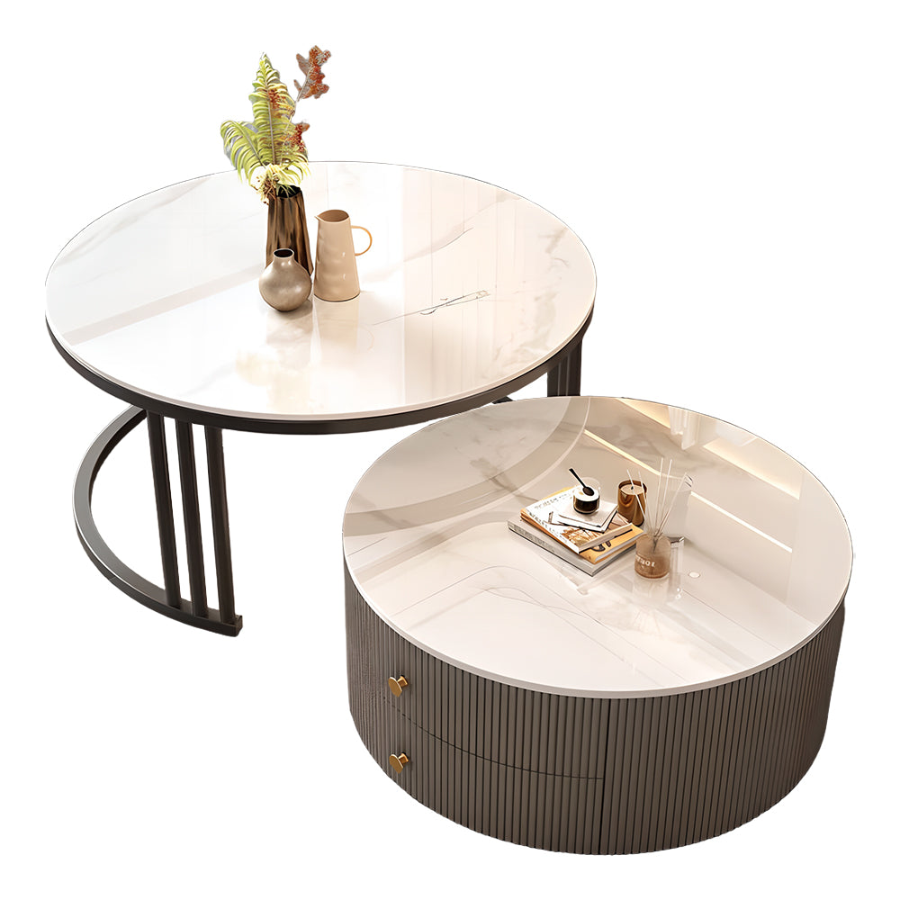 Modern Nesting Coffee Table Set with Sintered Stone Top & Hidden Storage